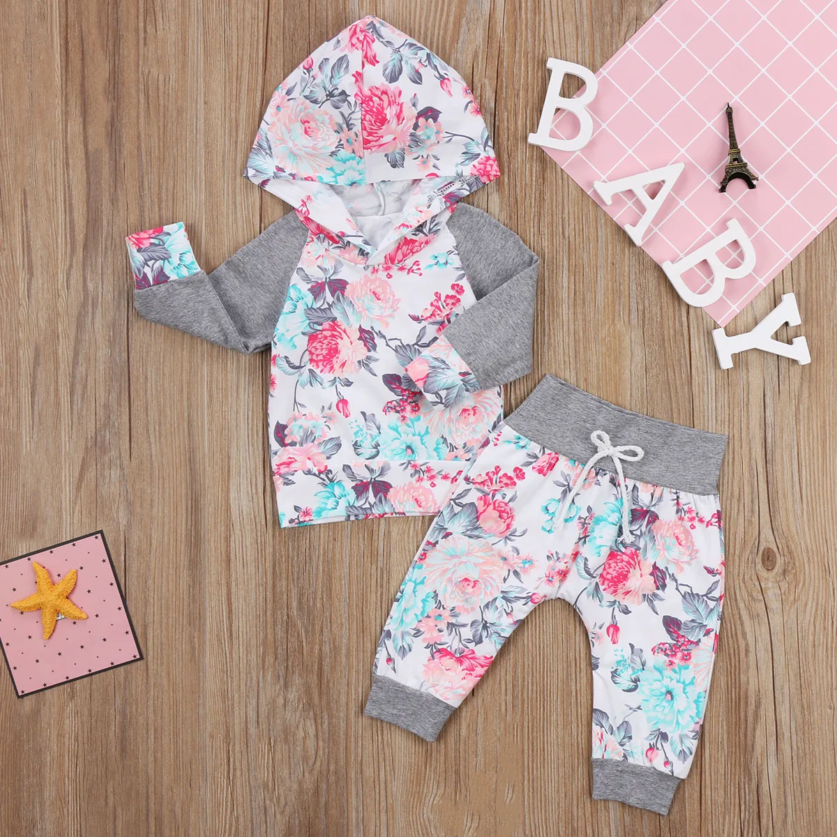 Топ с капюшоном и штаны для новорожденных девочек цветочным принтом|outfit set|set