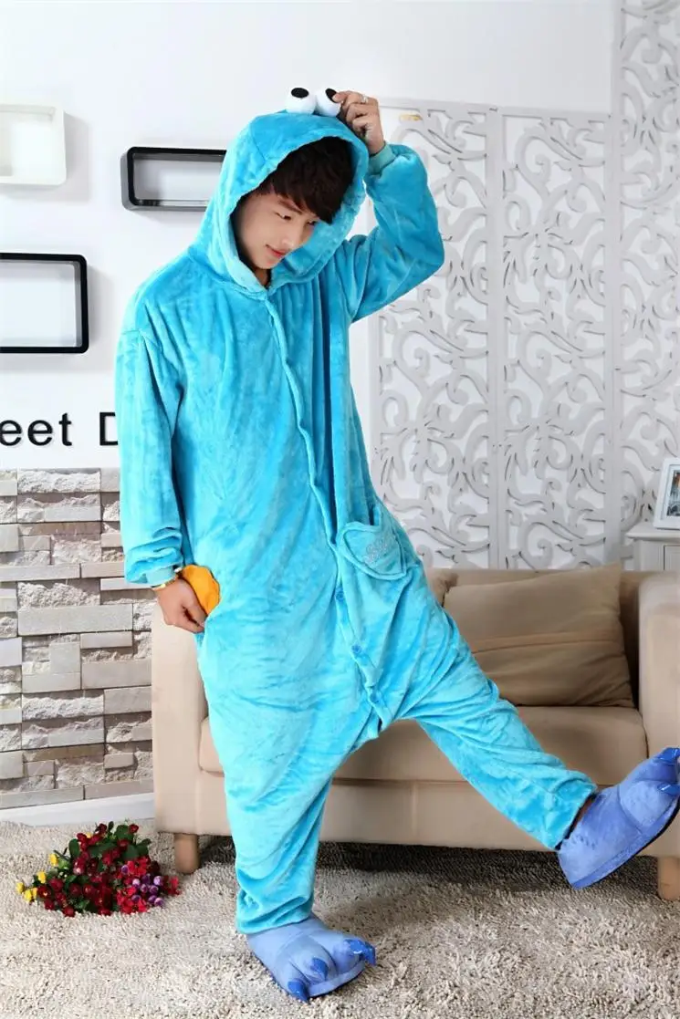 Синий Cookie Monster красный Улица Сезам Элмо Комбинезоны животного Косплэй костюм пижамы взрослых Одна Деталь пижамы с капюшоном пижамы - Цвет: Blue