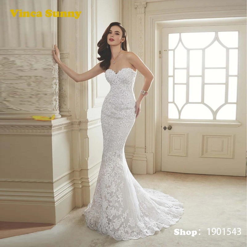 Vinca Sunny 2017 Mermaid Wedding Dresses Lace Applique Beads Vestidos De Noiva renda with Detachable Train white wedding gown | Свадьбы и