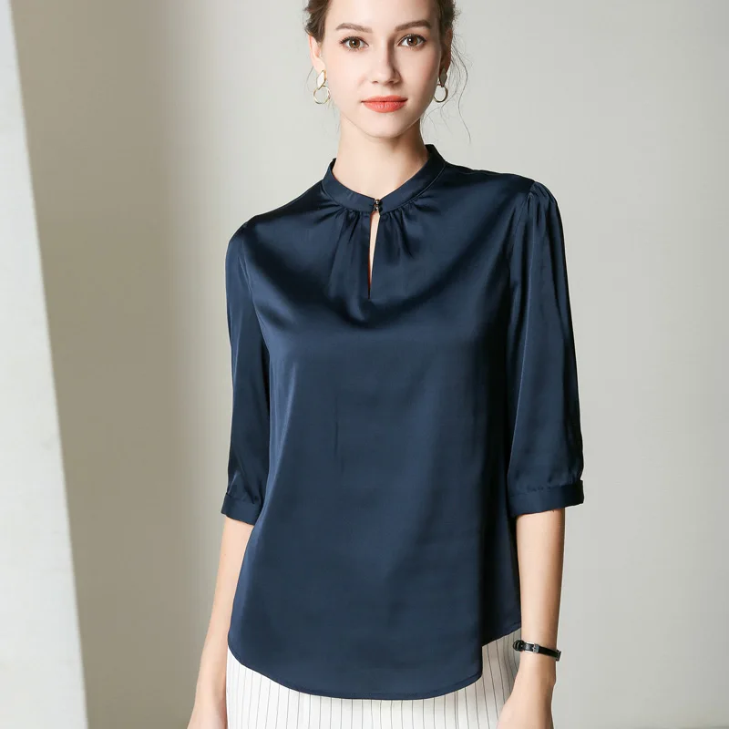 Blue AYUNSUE, лето, натуральный шелк, женская блузка и топы,, Корейская, повседневная, модная, тонкая, Blusas, женская рубашка с коротким рукавом, ZS2007 - Цвет: Blue