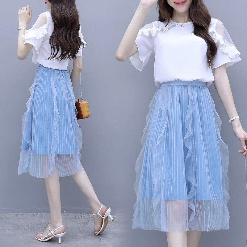 

summer women outfit two-piece clothing set sweet girl leisure suit white blouse & blue skirt vestidos girl clothes 2 pcs vogue