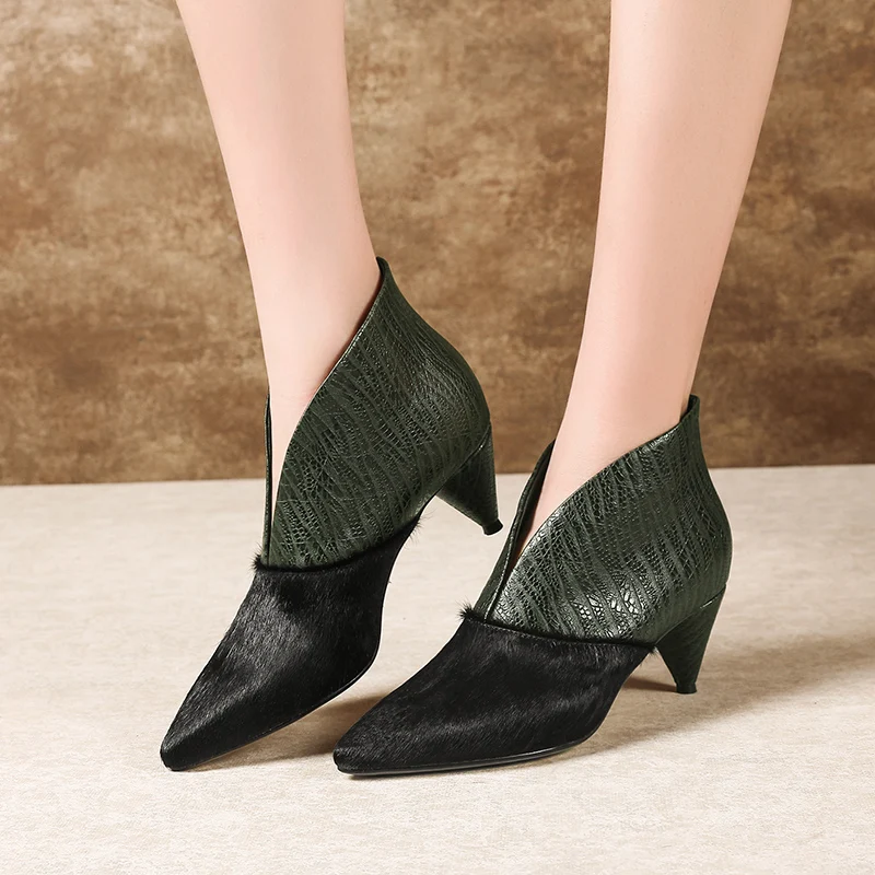 

WETKISS Unusual Thick Heels Women Boots Pointed Toe Footwear Horsehair Female Boot Print Cow Leather Shoes Women 2018 Autumn