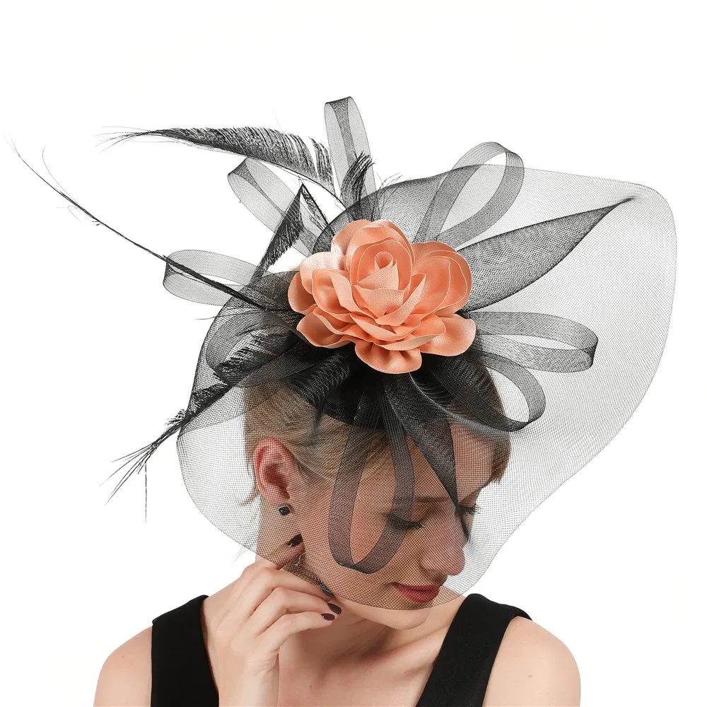 

Elegant Black Big Fascinator Hat Women Wedding Mesh Headwear Veil Champagne Flower Feather Fascinator Races Hats For Lady Formal