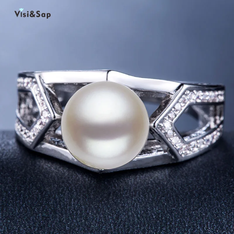 

Visisap Elegant Large Imitation Pearl Rings for Women Hollow Wide Finger Anniversary Party Ring Trendy Jewelry Supplier B946