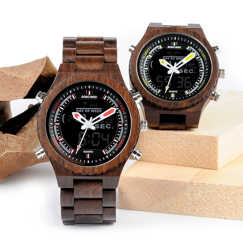 

BOBO BIRD V-P02 Watches Men High quality Wood Digital Night Vision Male Wristwatch with Week Display Stop Watch