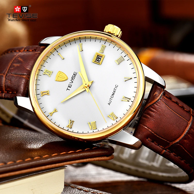 Мужские деловые автоматические механические часы TEVISE классические кожаные