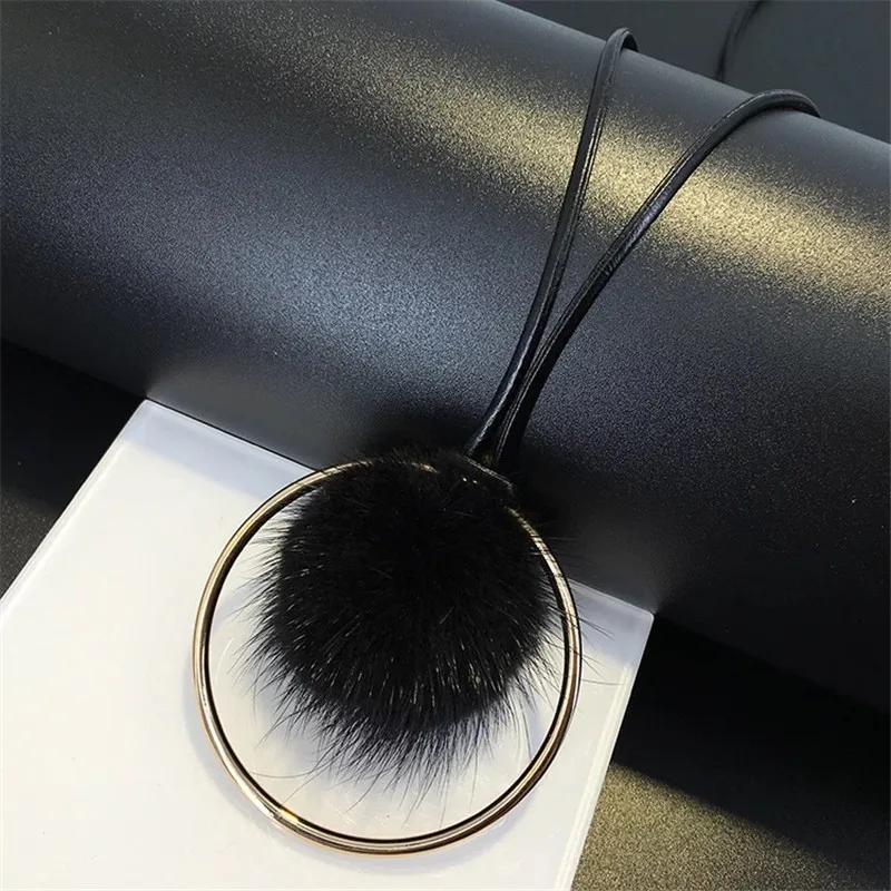 POPLO High Quality Fashion Mink Fur Ball Metal Round Necklaces For Women Vintage Statement Necklace Sweater Chain Winter Jewelry | Украшения