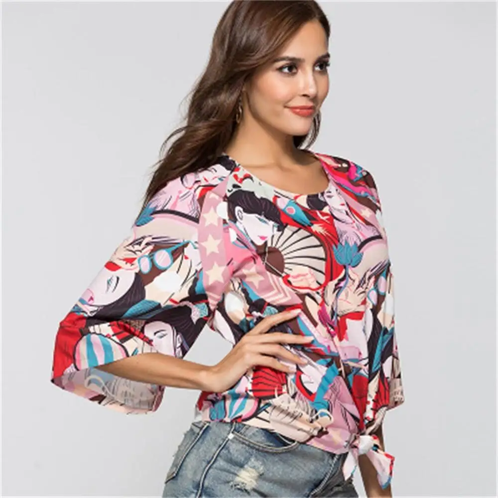 Новая мода печати длинный Рог рукава тонкий T Талия похудения женщины|Футболки| |