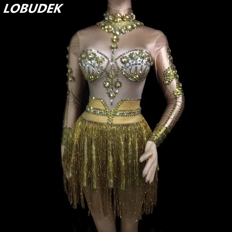 

Gold Tassel Rhinestones Short Dress Birthday Celebration Long Sleeve Mini Dress Women Nightclub Costume Dancer Singer Stage Wear