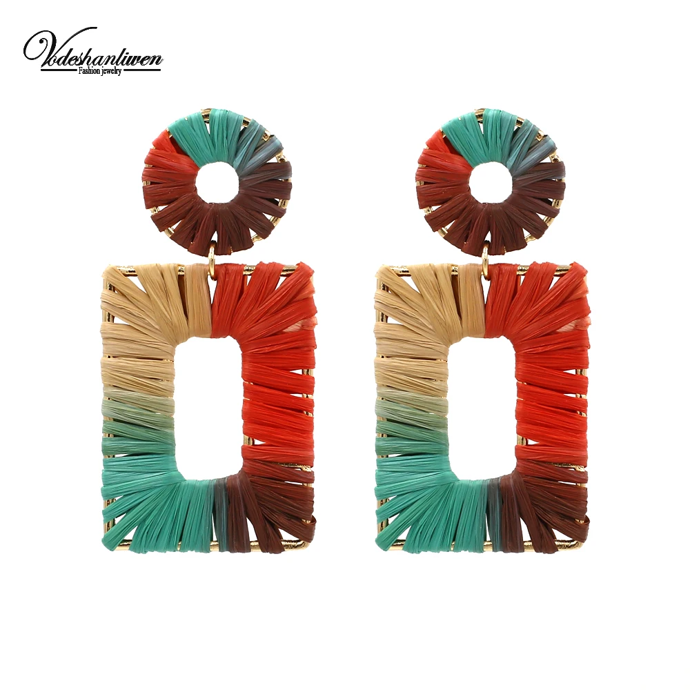 Vodeshanliwen Trendy Handmade Straw Rope Knit Statement Earrings For Women Big Square Korean 2019 Jewelry accessory | Украшения и