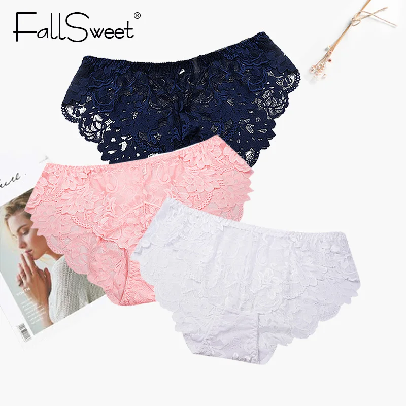 

FallSweet Women Full Lace Panties Solid Sexy Briefs Female Plus Size Underwear Mid Rise 4XL
