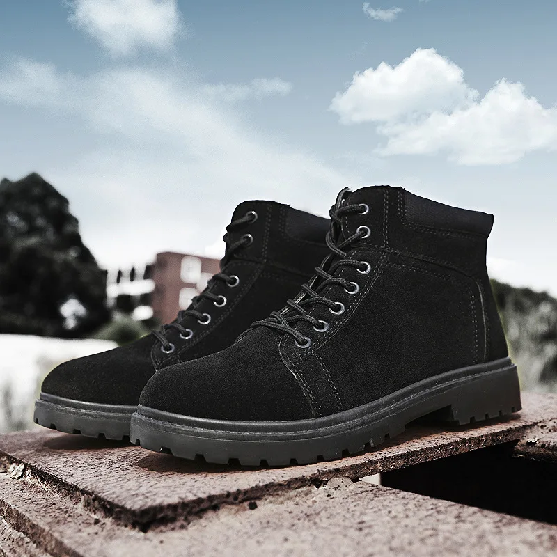 Ботинки мужские мотоциклетные с круглым носком Модные полусапоги на шнуровке