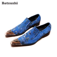 batzuzhi italian type leather mens dress shoes pointed metal toe blue leather business shoes slip on party and wedding zapatos