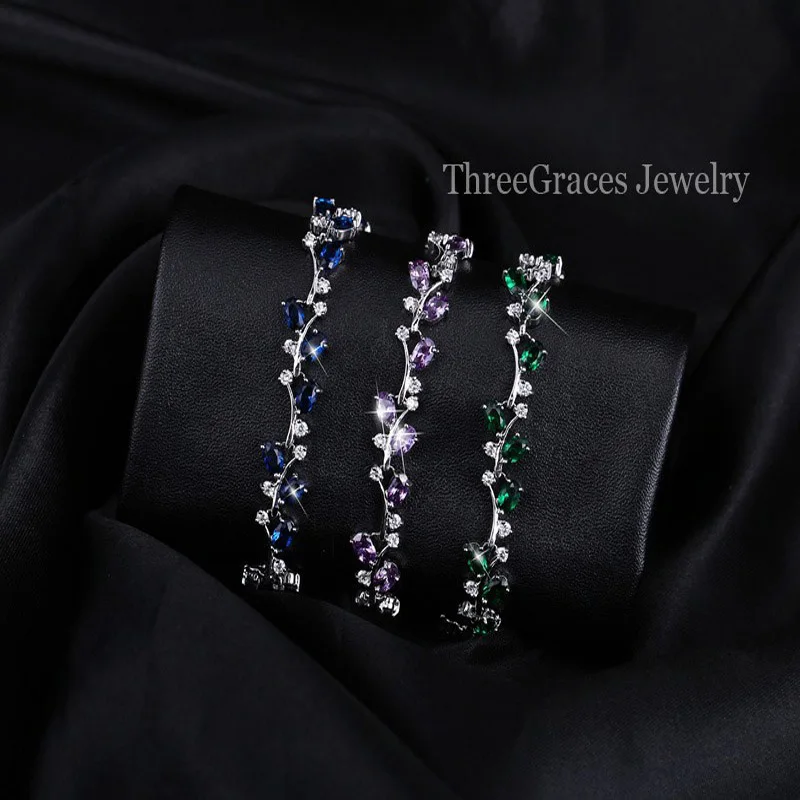 ThreeGraces романтические CZ Ювелирные изделия лист и цветок кубического циркония свадебные браслеты подарок для подружки невесты BR031