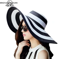 bingyuanhaoxuan womens 2018 straw panama sun hat black striped overflowed floppy fashion