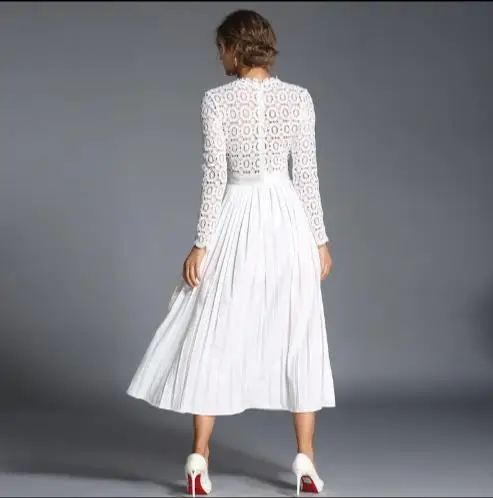 2018 осень Для женщин Кружево лоскутное плиссированные платье макси Vestidos работать