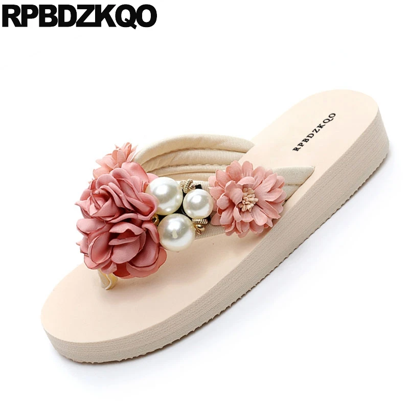 ластик 2018 высокий каблук танкетке шлепанцы цветок жемчужный шлепки сандалии
