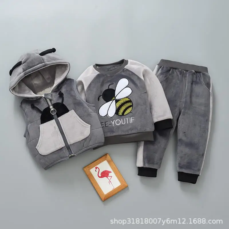 Pictured Baby Boys Girls Warm Set Winter Cartoon cat Kids Thickening Hooded Vest+Sweater+Pant Three-piece Sport Suits Children Clothing - Цвет: Pictured
