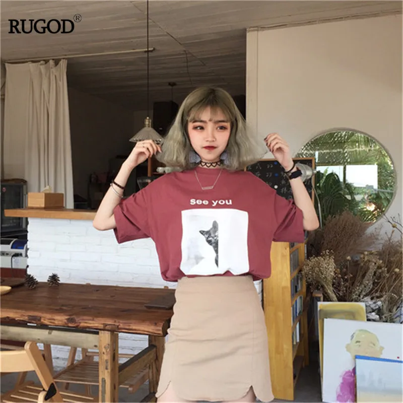 RUGOD Летняя женская футболка с круглым вырезом и буквенным принтом, с коротким рукавом, модная Корейская Повседневная Женская хлопковая футболка