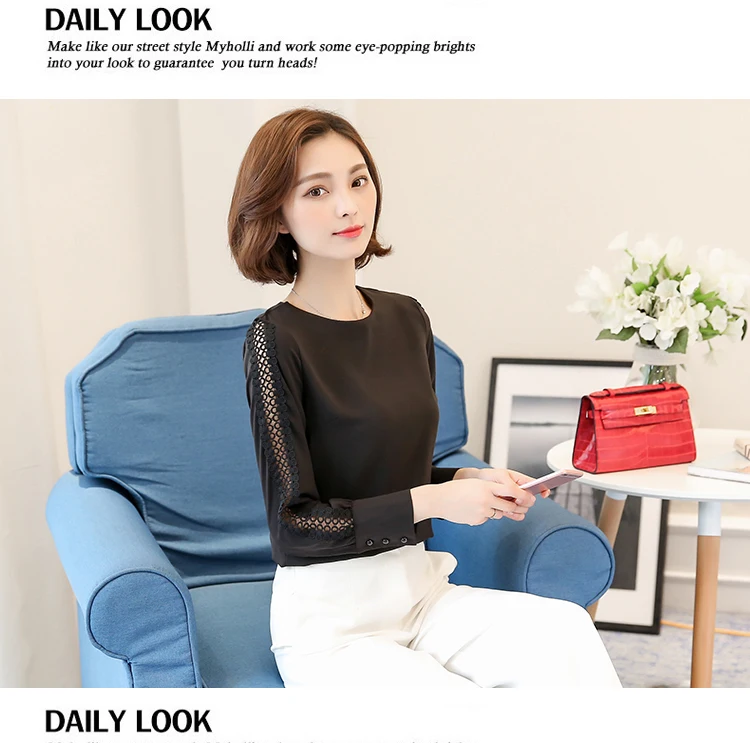 Spring Women Chiffon Blouse Long Sleeve Lace Shirt Hollow Out Blouses Tops Summer Sexy Slim Solid Blusa de Renda Feminina
