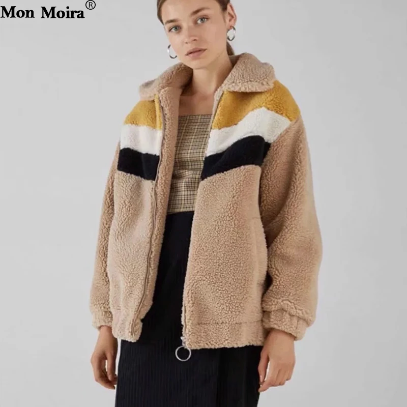 Контраст Цвет мех ягненка пальто и куртки Для женщин 2018 г. зимние плотные теплые