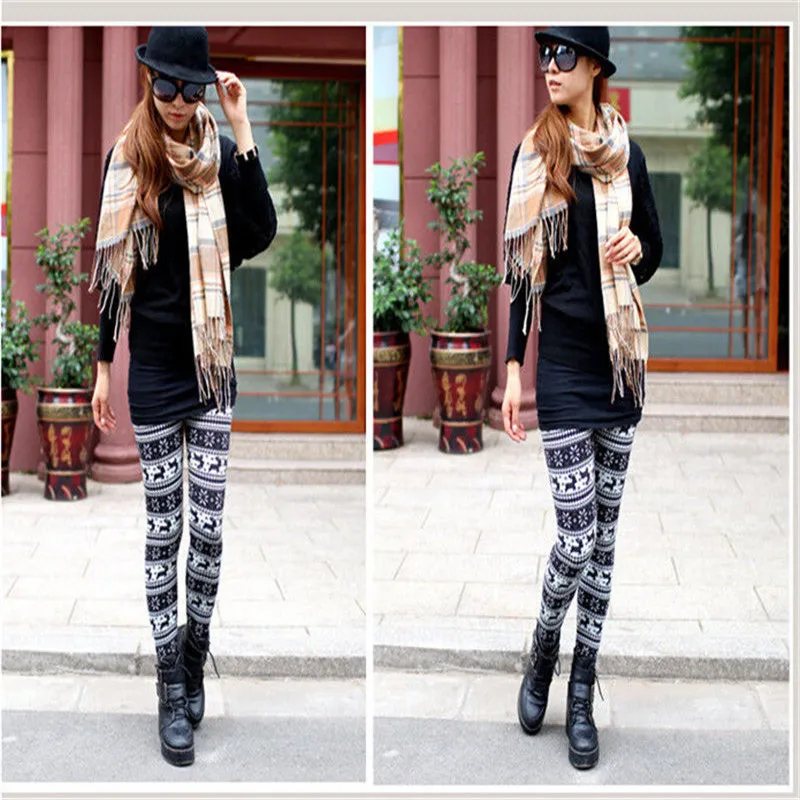 Рождественские новые стильные 2017 зимние женские вязаные леггинсы со снежинками