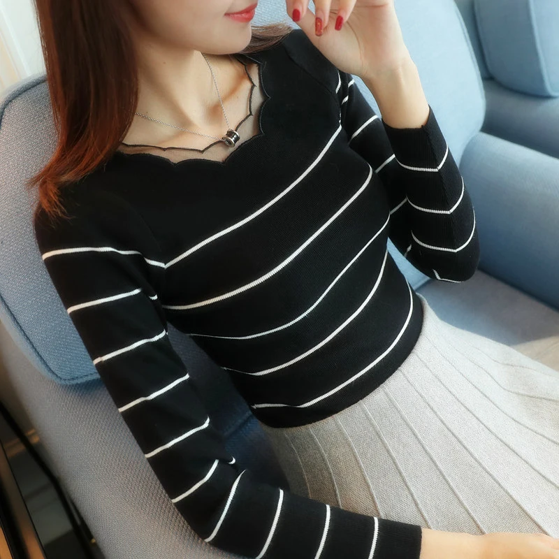 2018 New Autumn Women Sweater Pullovers Basic Tops Elastic force Slim O-neck Knit Casual stripe Long-Sleeve Sweaters Female | Женская