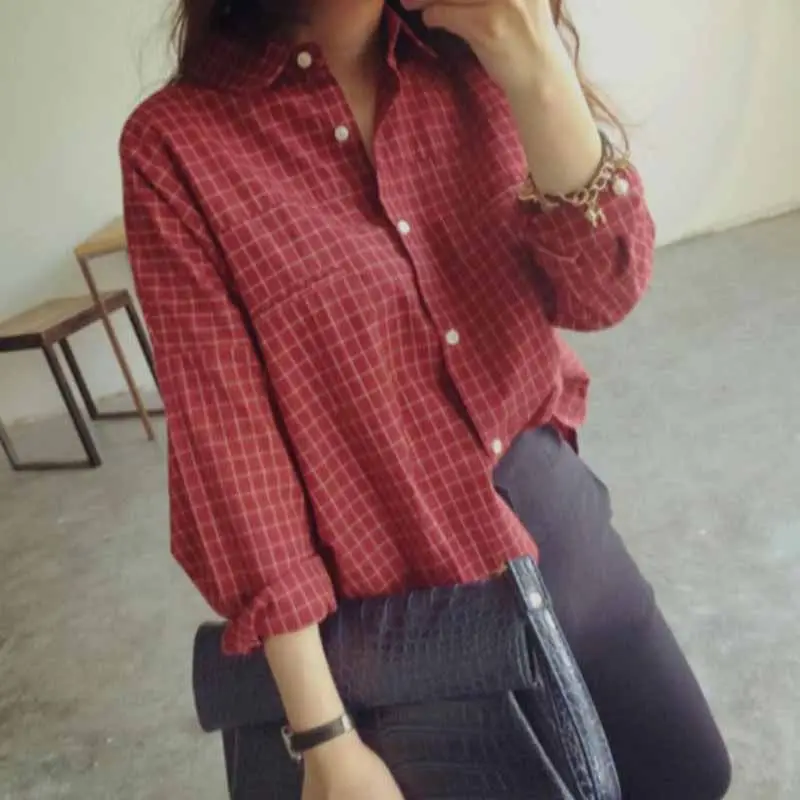 COCKCON Fashion women's Retro Temperament Check Printed Loose Lapel Shirt long-sleeved Casual Wild Top V3 |