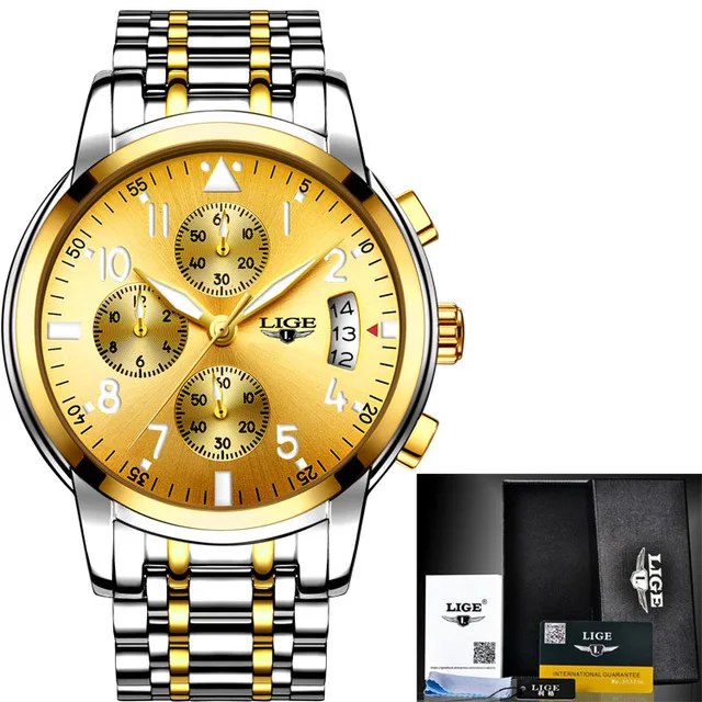 Mens Watches Top Brand Fashion Chronograph LIGE Black Quartz Watch Stainless Steel Automatic Date Watch Relogio Masculino - Цвет: Inter-gold
