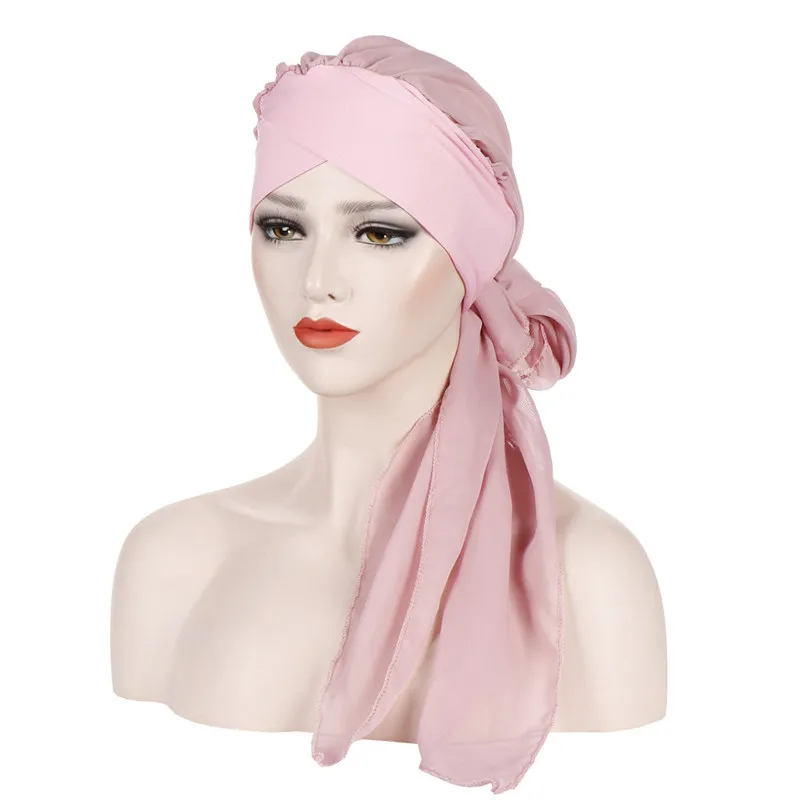 Pink Женский мусульманский шелковый хиджаб тюрбан шапка Мода шифон длинный хвост обертывание капот эластичный исламский femme musulman простой цвет платок шляпа - Цвет: Pink