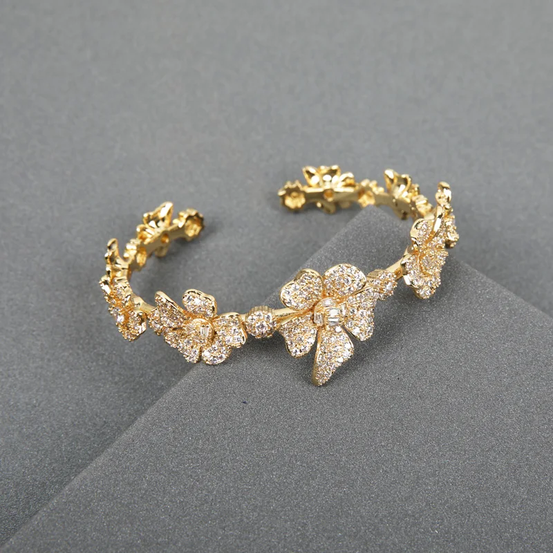 

Dazz Elegant Wedding Jewelry Sets Flower Luxury Zircon Copper For Women's Bride Party Necklace Earrings Ring Bangle Accessories