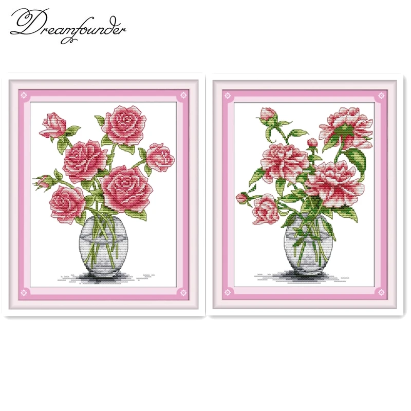 Розы в вазе Набор для вышивки крестиком розовые цветы 18ct 14ct 11ct pre print canvas x вышивка