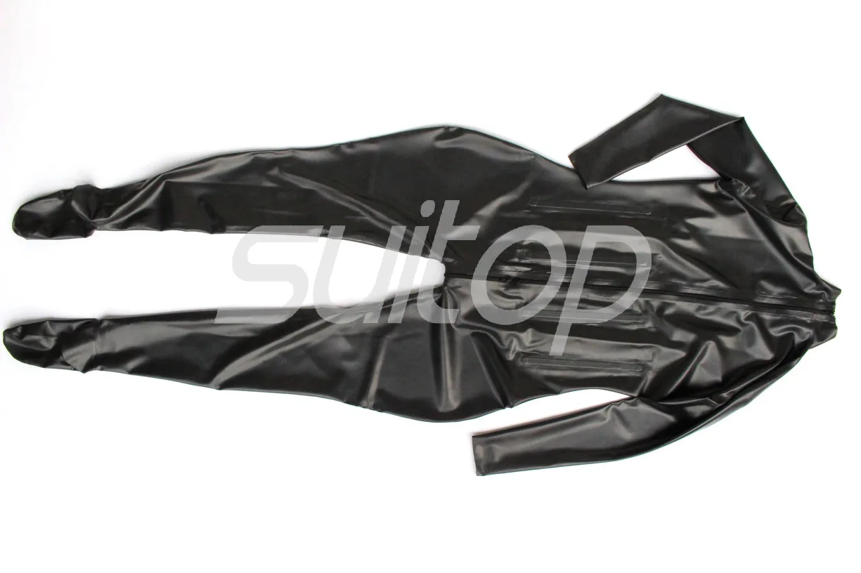 

Suitop black catsuit latex corset style rubber catsuit with feet with integrated corset in back zip