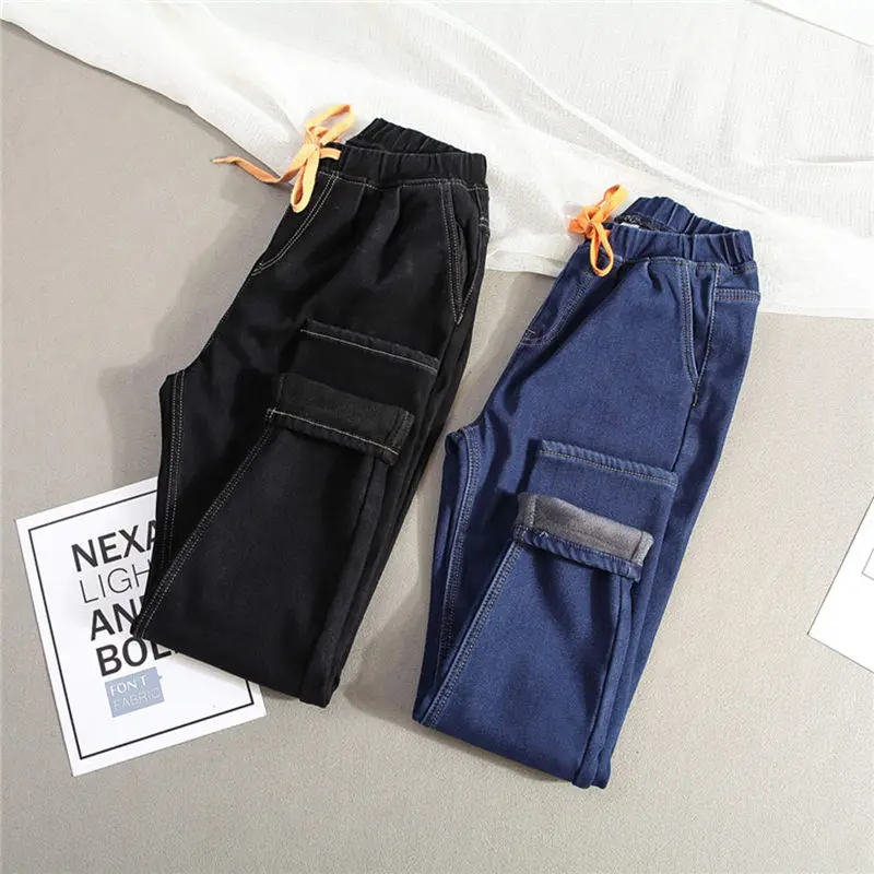 Женские зимние Бархатные Джинсы на шнуровке размеры до 5XL|high waist jeans|warm jeans womenwaist |