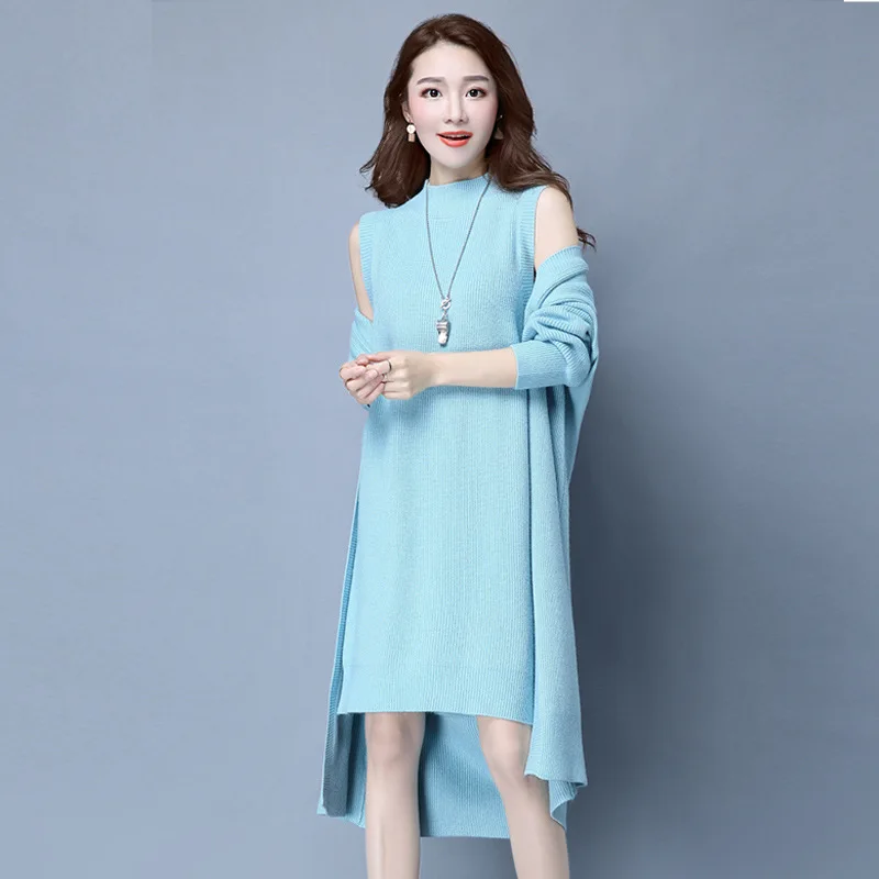 Осенне-зимнее женское платье-свитер с длинным рукавом вязаное шерстяное прямое