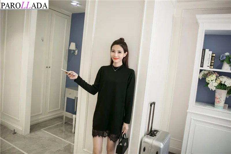 Parollada корейский платье-рубашка с длинными рукавами черного и белого цвета платье