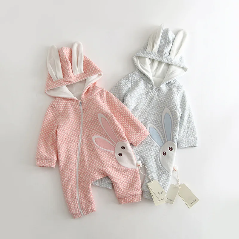 

Brand Quality sweet Girl Boy Infants Autumn Winter Hoodies Romper Cute Rabbit Thick Warm Rompers newborn body Climbing Clothes