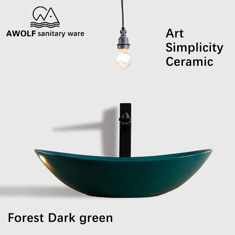 

Bathroom Sinks 600*360*130mm Oval Basin Sink Chic Ceramic Vessel Art Dark Green With Pop Up Drain Solf Hose Washing AM804