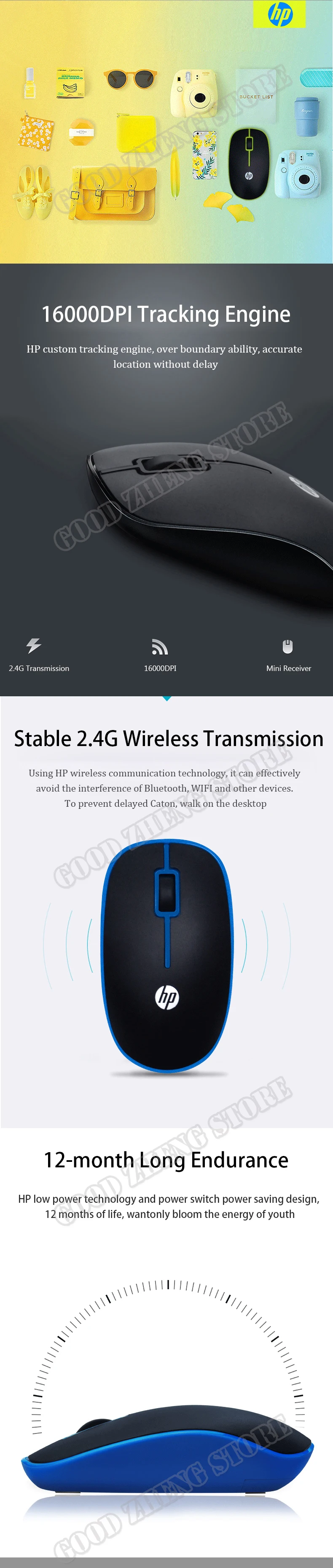Hp S1500 Mause Mute 2,4 Ghz беспроводная мышь оптическая USB 1600 dpi Slient игровая компьютерная мышь