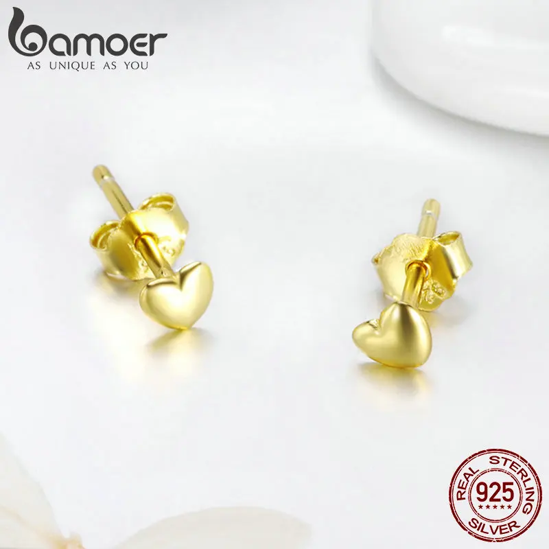 BAMOER, Настоящее серебро 925 пробы, 3 цвета, маленькое сердце, серьги-гвоздики для женщин, Стерлинговое Серебро, ювелирное изделие, подарок PAS440-GD