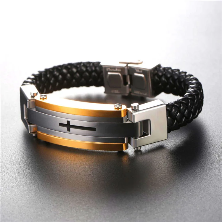 Новая мода кожаный браслет из нержавеющей стали мужские крест золотое покрытие