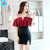2021 summer nightclub womens new slim lace stitching tight fitting sexy one shoulder strap dress zippers knee length