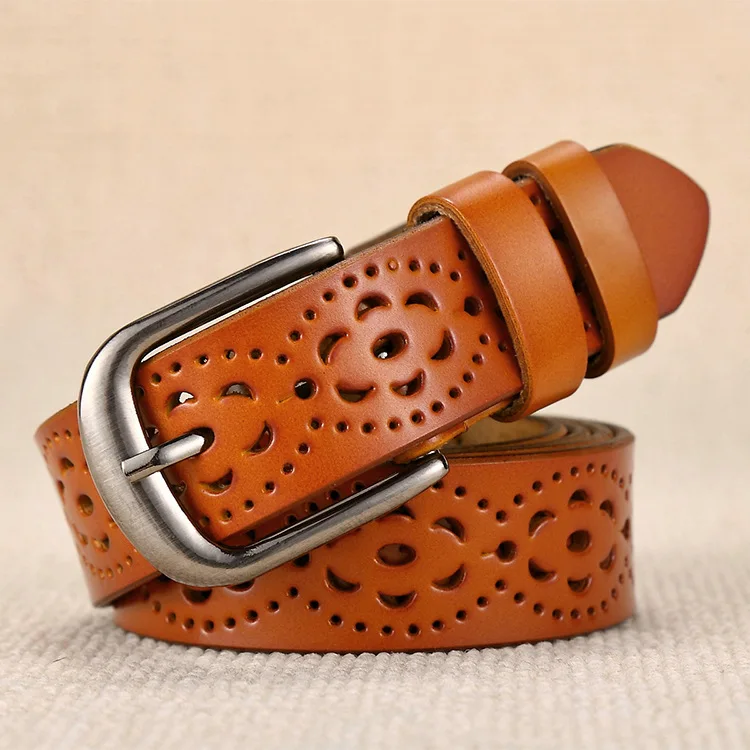 

Gours Women's Genuine Leather Belt Fashion Cowskin Pin Buckle Belt Female Waist Belt Vintage Hollow Design Breathable New PDL100