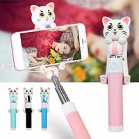 mini selfie sticks monopod wired extendable cute cartoon cat selfie for smartphone universal portable self pole for ios android