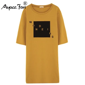 Футболка женская длинная с принтом, хлопокспандекс, короткий рукав, круглый вырез, приталенная, мягкая, 2019