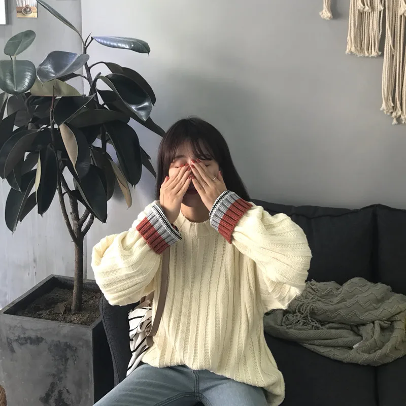 Женский Винтаж Harajuku Ulzzang джемпер для Для женщин контрастной отстрочкой половина