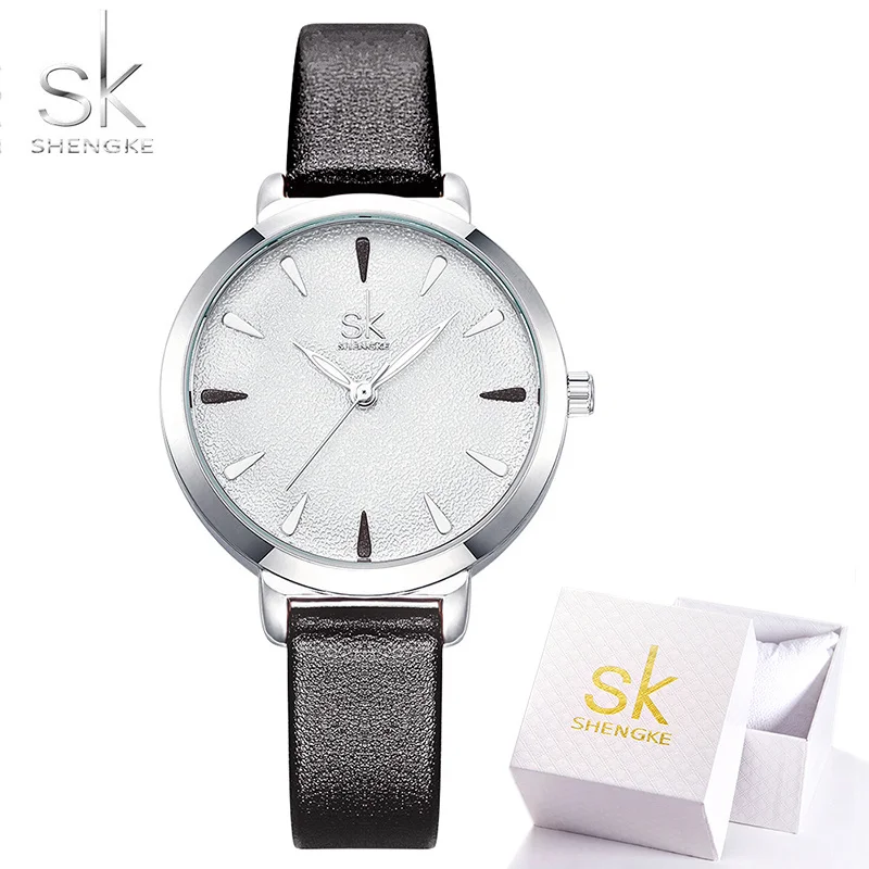 black with box Shengke, новинка, синий кожаный ремешок, женские разноцветные часы, кварцевые, женские часы, Простой повседневный циферблат, дешевая цена, светильник, Relogio Feminino - Color: black with box