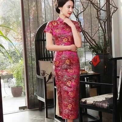 purple red SHENG COCO золотой парчи Qipao китайские платья узор Лето Атлас Qipao наклона пряжки длинные модератор одежда зеленый XXXL - Цвет: purple red