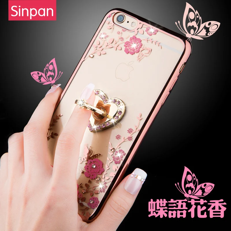 Алмаза мягкий чехол для IPHONE5s SE 6 S плюс 7 Plus Цветок Bling ТПУ кольцо 360 держатель