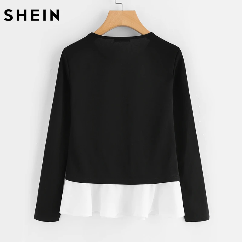 SHEIN Модные топы с контрастной отделкой и жемчужинами, Осенний Топ черного и белого цветов, Элегантная футболка с длинным рукавом